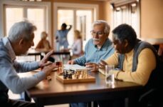 3 older adults spending time in a common area in senior living, staying engaged with a game of chess and reading.